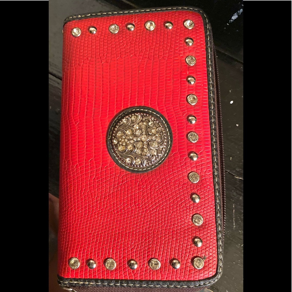 P&G Collection Cowgirl Western Red Wallet Rhinestone Studded Zip Around NEW